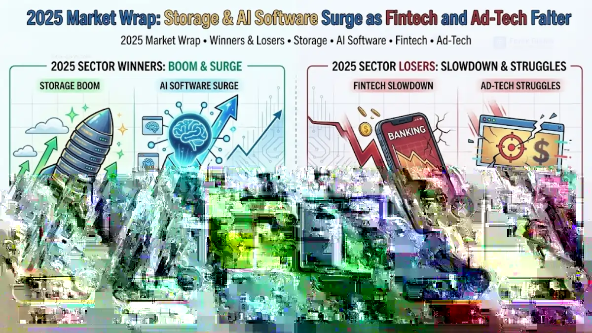 Infographic titled "2025 Market Wrap: Storage & AI Software Surge as Fintech and Ad-Tech Falter." Left side: Rocket labeled "Storage Boom" and upward arrow labeled "AI Software Surge," indicating growth and demand increase. Right side: Downward arrows labeled "Fintech Slowdown" and "Ad-Tech Struggles," highlighting declines. Center: Market dashboard with graphs and icons, showing performance metrics and trends. Keywords: storage, AI, fintech, ad-tech, growth, decline, market trends. Tone conveys contrast between thriving and struggling sectors.