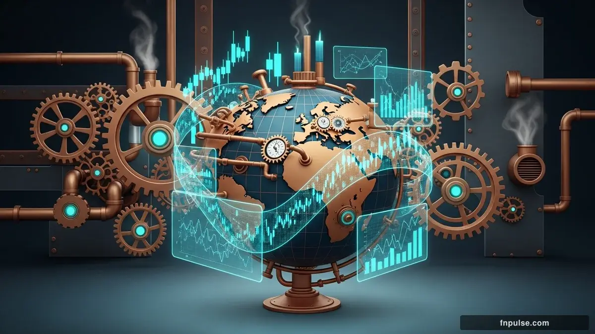 A steampunk globe with brass meridian lines and copper continent plates, surrounded by glowing teal financial data streams, candlestick charts, and holographic trading network connections — editorial illustration for "2025 Global Revenue Leaders: Analysis of the Top 50 Earning Corporations".