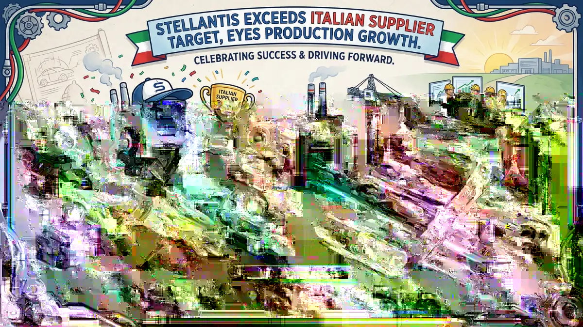 Illustration of a factory celebrating production success, with animated machines, Italian flags, cars on assembly lines, and workers. Text highlights growth goals.