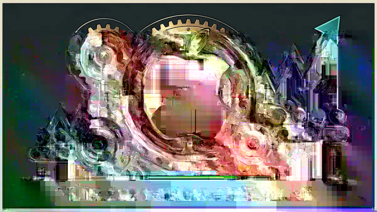 Steampunk-style illustration of gears with an Apple logo, an upward graph, and labeled sections for iPhone 17, Services, representing growth. Text: "The 2026 Growth Engine".