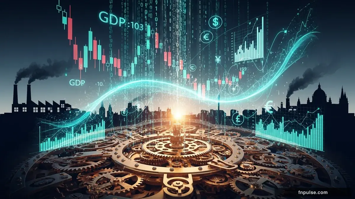 A steampunk industrial cityscape with copper-riveted factory towers, spinning brass gears driving economic indicators, GDP graphs rendered in glowing teal holographic projections against a moody dark navy sky — editorial illustration for "April CPI Preview: Tuesday's Inflation Data Could Reshape Fed Rate Path and Forex Markets".