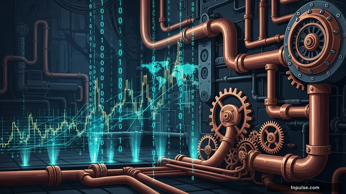 A dramatic steampunk scene with metallic impact effects and shattered glass elements, glowing teal alert indicators and urgent data streams flowing through copper pipes against a stormy dark blue backdrop — editorial illustration for "Oil Tumbles 3.3%, Asian Currencies Rally as Trump Signals Iran Peace Breakthrough".