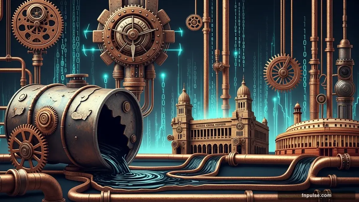 A steampunk industrial cityscape with copper-riveted factory towers, spinning brass gears driving economic indicators, GDP graphs rendered in glowing teal holographic projections against a moody dark navy sky — editorial illustration for "Asian Forex Reserves Plunge as Iran War Oil Shock Drains Philippines and India Most".