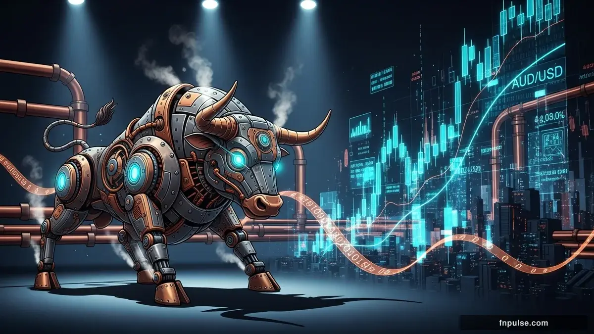A steampunk mechanical bull with copper gears and brass rivets charges through a digital financial landscape, surrounded by glowing teal candlestick charts, binary code streams, and holographic market data overlays against a dark navy background — editorial illustration for "AUD/USD Hits 0.7250 as Fed Holds Rates at 3.50% Ahead of CPI Print".