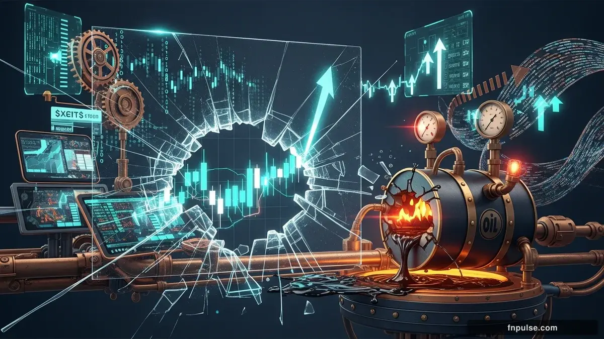A dramatic steampunk scene with metallic impact effects and shattered glass elements, glowing teal alert indicators and urgent data streams flowing through copper pipes against a stormy dark blue backdrop — editorial illustration for "AUD/USD Surges to 0.7250 as Brent Crude Breaks $101 on Middle East Tensions".