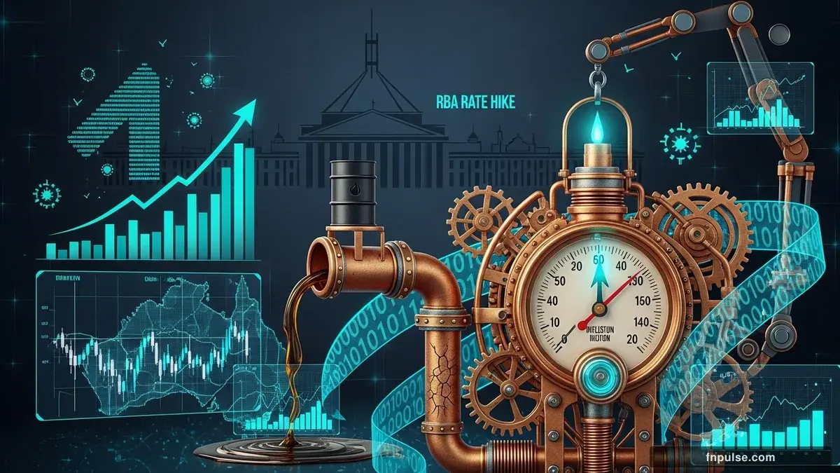 A steampunk industrial cityscape with copper-riveted factory towers, spinning brass gears driving economic indicators, GDP graphs rendered in glowing teal holographic projections against a moody dark navy sky — editorial illustration for "Australia Inflation Surges to 4.6% as Iran War Fuel Shock Hits, RBA Rate Hike Next Week Likely".