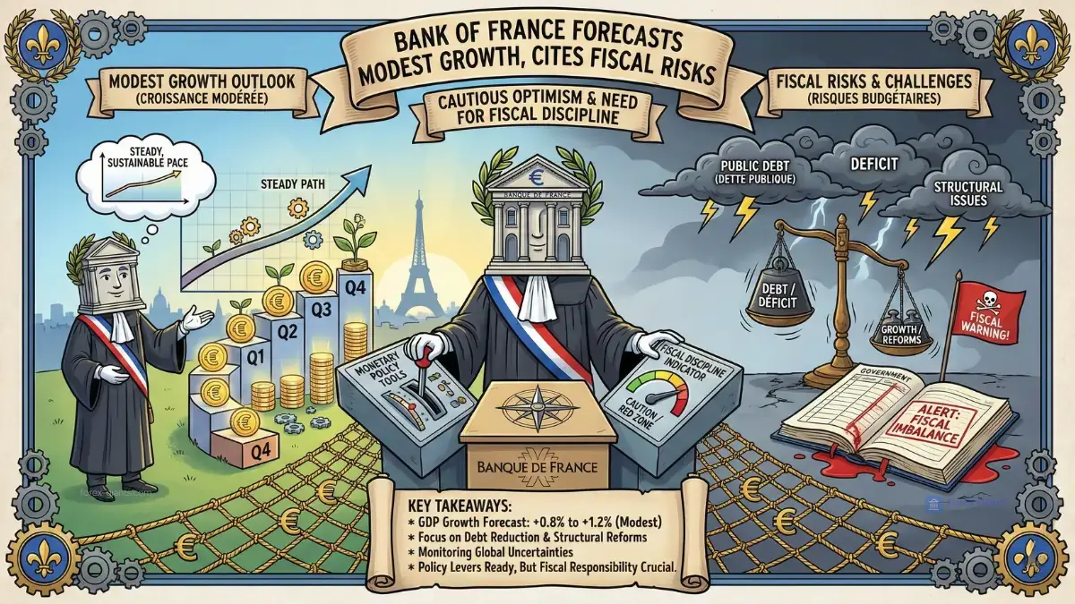 Illustration depicting the Bank of France as a figure forecasting modest growth with fiscal risks. Includes euro coins, scales, charts, and ominous storm clouds.