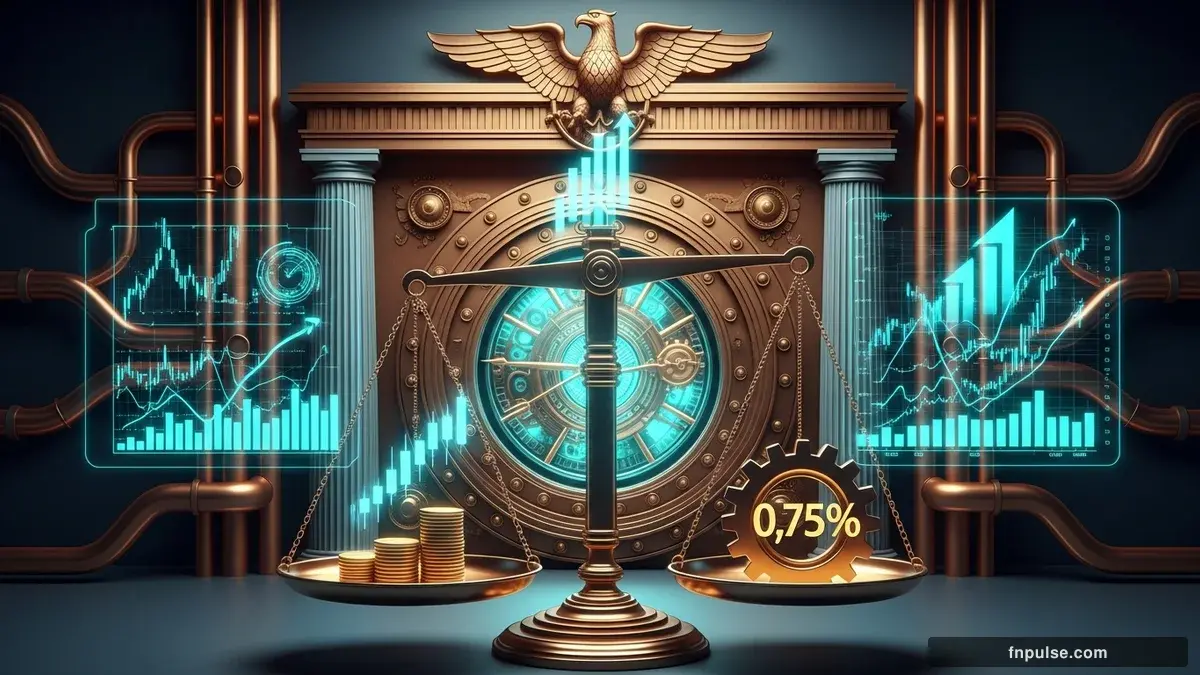 A grand steampunk vault with massive brass doors and copper mechanism wheels, balance scales made of clockwork gears, interest rate indicators glowing in teal holographic displays — editorial illustration for "Bank of Japan Set to Hold Rates at 0.75% but Signal June Hike as USD/JPY Eyes 160.00 Intervention Zone".