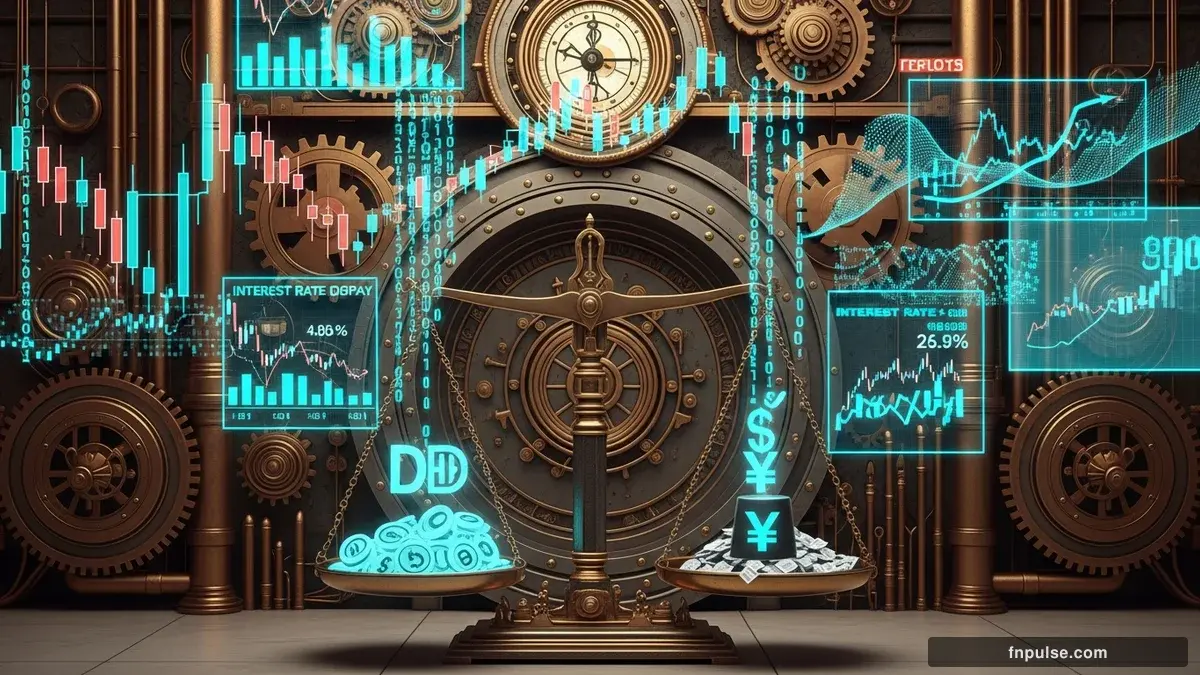 A grand steampunk vault with massive brass doors and copper mechanism wheels, balance scales made of clockwork gears, interest rate indicators glowing in teal holographic displays — editorial illustration for "Bank of Japan Executes $80 Billion Intervention as Dollar Slumps".
