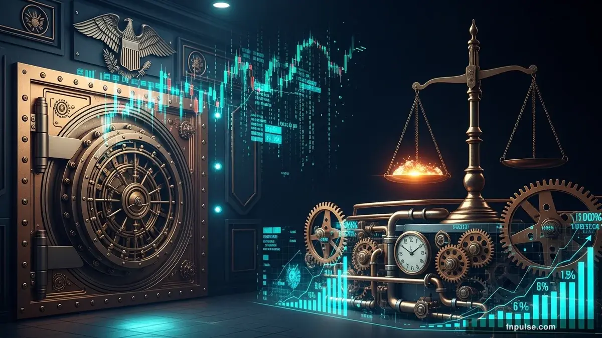 A grand steampunk vault with massive brass doors and copper mechanism wheels, balance scales made of clockwork gears, interest rate indicators glowing in teal holographic displays — editorial illustration for "Bank of Japan Hawkish Dissent Drives Topix to 3,882 as June Hike Odds Hit 77%".