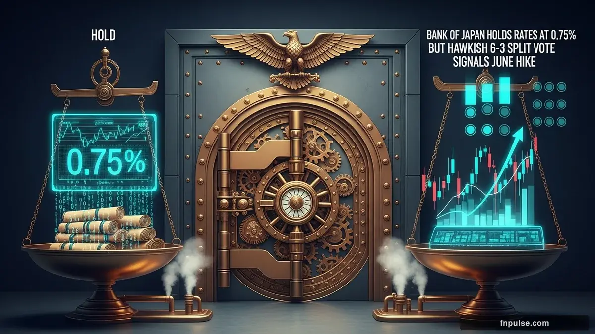 A grand steampunk vault with massive brass doors and copper mechanism wheels, balance scales made of clockwork gears, interest rate indicators glowing in teal holographic displays — editorial illustration for "Bank of Japan Holds Rates at 0.75% But Hawkish 6-3 Split Vote Signals June Hike".