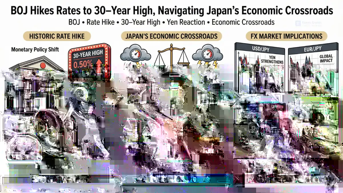 Infographic showing Bank of Japan's rate hike to a 30-year high. Key topics include historic rate hike, economic crossroads with inflation and growth challenges, and FX market implications with yen strengthening and volatility spikes.