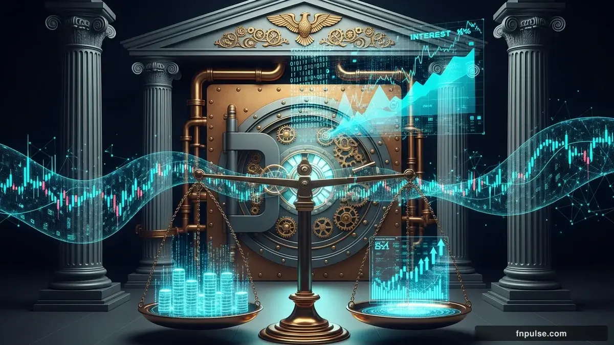 A grand steampunk vault with massive brass doors and copper mechanism wheels, balance scales made of clockwork gears, interest rate indicators glowing in teal holographic displays — editorial illustration for "Bank of Japan Intervenes as USD/JPY Breaches 160".