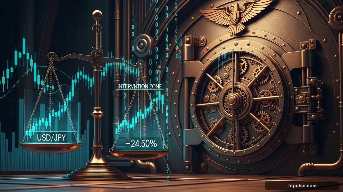 A grand steampunk vault with massive brass doors and copper mechanism wheels, balance scales made of clockwork gears, interest rate indicators glowing in teal holographic displays — editorial illustration for "Bank of Japan Rate Decision Looms as USD/JPY Nears Intervention Zone".