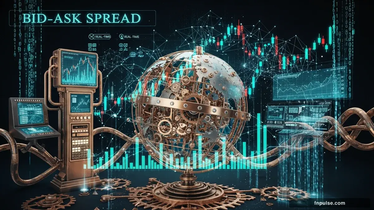 A steampunk globe with brass meridian lines and copper continent plates, surrounded by glowing teal financial data streams, candlestick charts, and holographic trading network connections — editorial illustration for "Understanding Bid-Ask Spread".