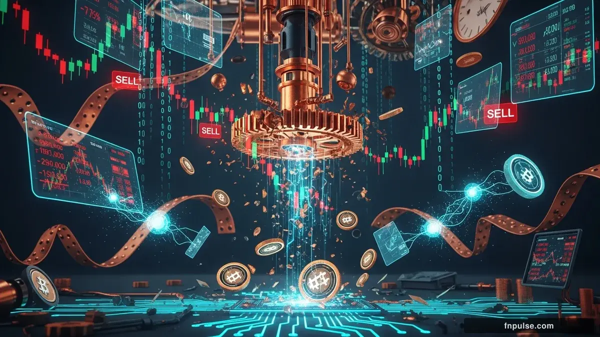A futuristic steampunk blockchain visualization with interconnected brass nodes, holographic digital tokens spinning in teal light, circuit board patterns etched in copper against a deep navy digital space — editorial illustration for "Bitcoin Crashes to $78K as $573M Liquidations and $1B ETF Outflows Erase $80 Billion".
