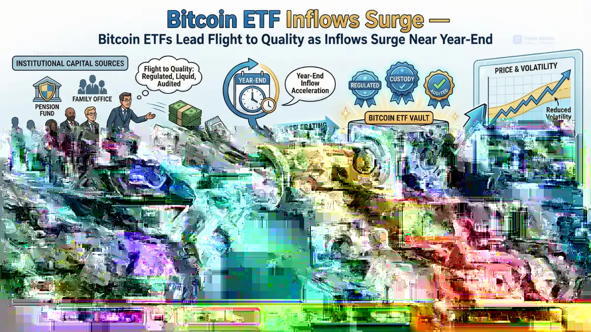 Cartoon-style infographic titled "Bitcoin ETF Inflows Surge," depicts strong institutional demand driving price support. Institutional figures on a "Bitcoin ETF Vessel" funnel cash, bonds, and unhedged crypto into a vault labeled "Bitcoin ETF." Graphs show increased price and liquidity, suggesting accelerating momentum and record highs. Tone is optimistic and dynamic.