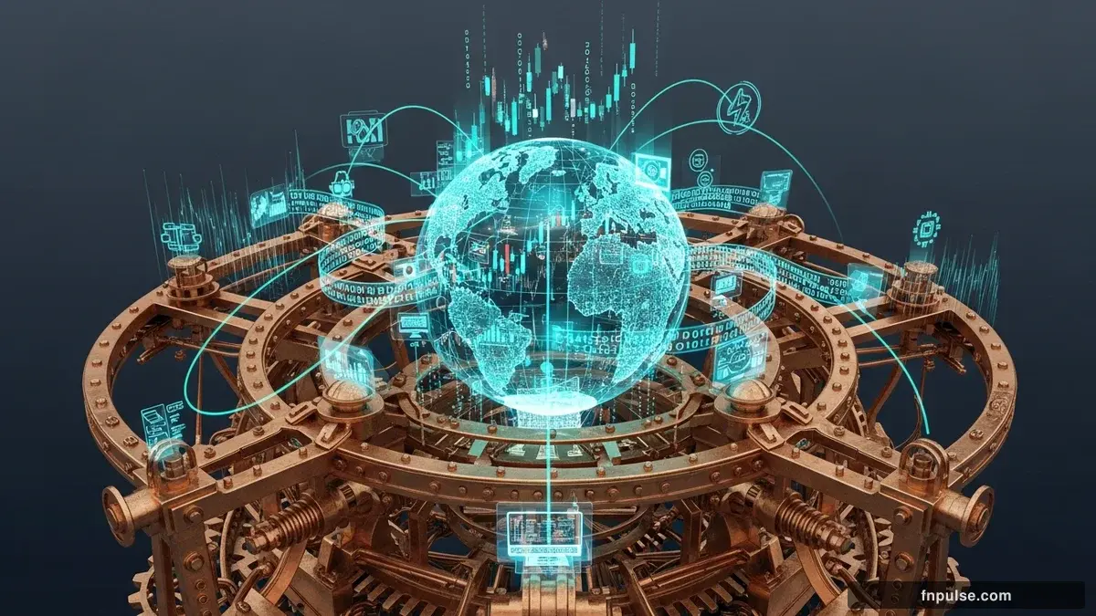 A steampunk globe with brass meridian lines and copper continent plates, surrounded by glowing teal financial data streams, candlestick charts, and holographic trading network connections — editorial illustration for "Bitcoin ETFs Rewrote Financial History: A Two-Year Retrospective".