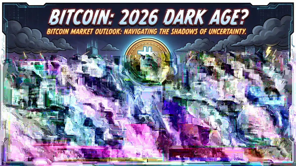 Comic-style illustration titled "Bitcoin: 2026 Dark Age?" shows a Bitcoin coin with a fluctuating graph, miners, nodes, and analysts in a stormy digital landscape.