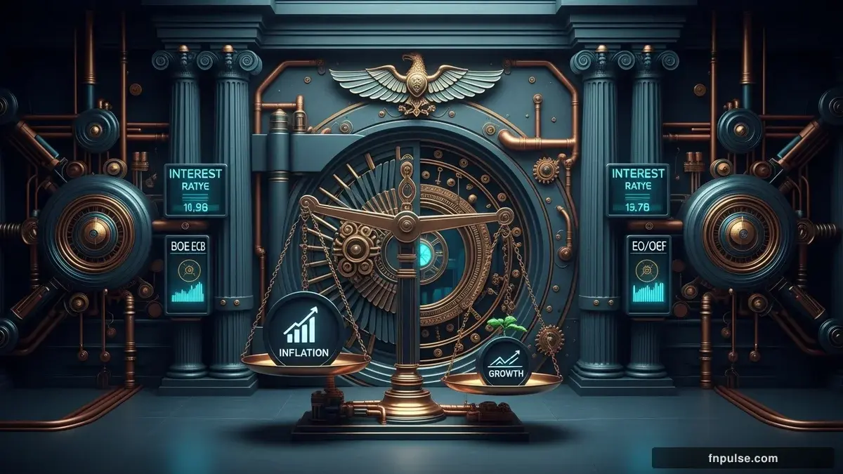 A grand steampunk vault with massive brass doors and copper mechanism wheels, balance scales made of clockwork gears, interest rate indicators glowing in teal holographic displays — editorial illustration for "BOE and ECB Hold Rates But Warn Stagflation Risk Rising as Iran War Drags On".