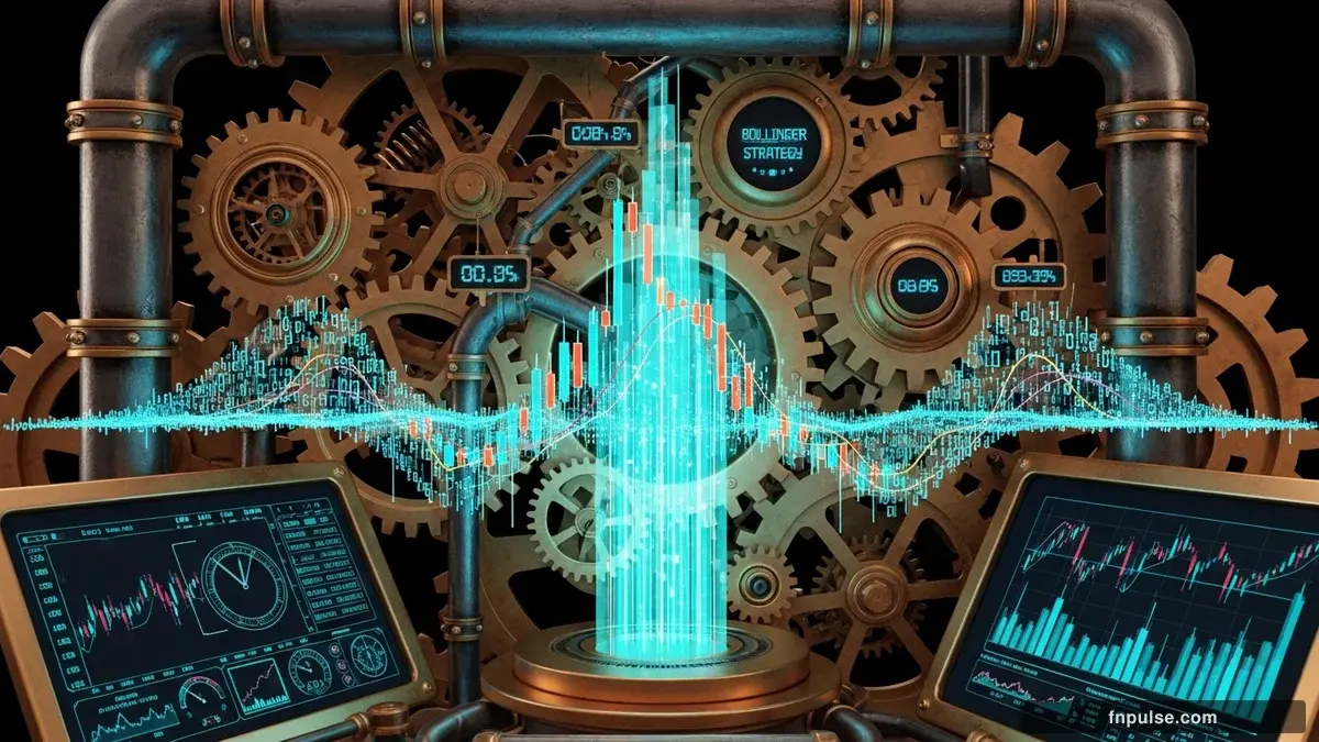 A steampunk globe with brass meridian lines and copper continent plates, surrounded by glowing teal financial data streams, candlestick charts, and holographic trading network connections — editorial illustration for "Bollinger Bands Strategy".