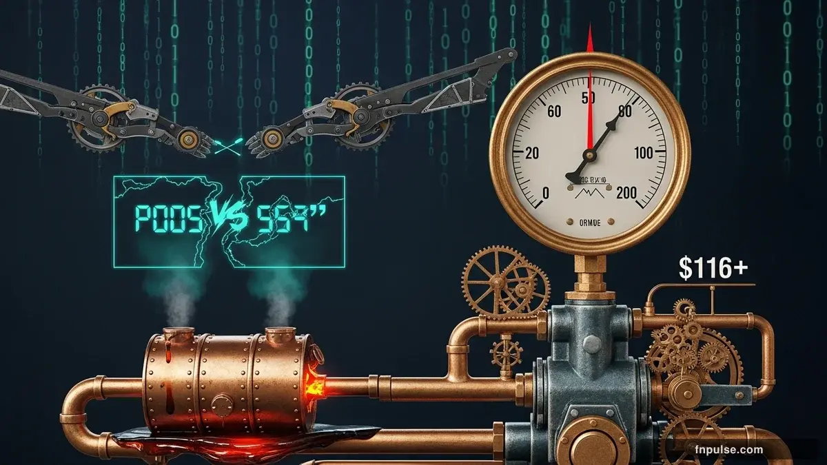 Steampunk mechanical commodity elements with brass oil derricks, copper grain silos, and gold storage vaults, connected by teal data streams and glowing market price tickers — editorial illustration for "Brent Crude Surges Past $116 as Trump Claims Iran in 'State of Collapse' Amid Hormuz Stalemate".