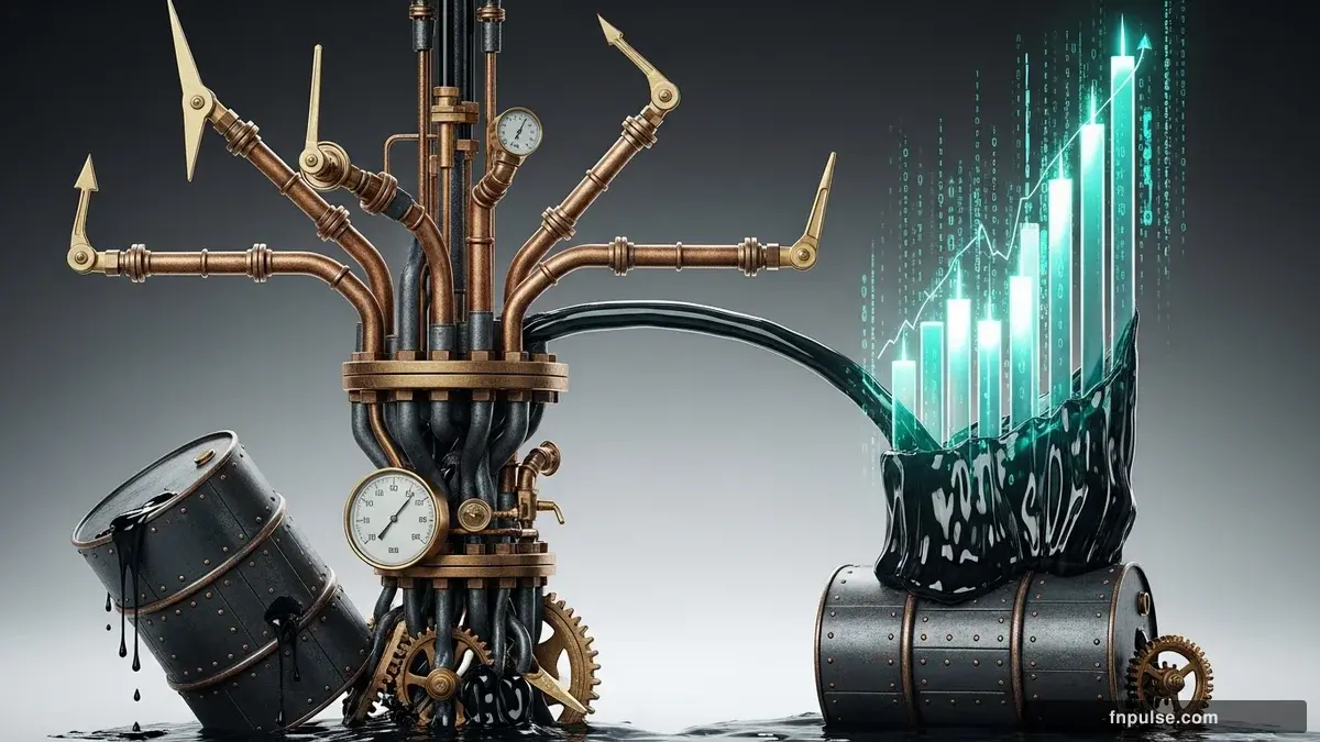 Steampunk mechanical commodity elements with brass oil derricks, copper grain silos, and gold storage vaults, connected by teal data streams and glowing market price tickers — editorial illustration for "Brent Crude Surges 17% as Strait of Hormuz Blockade Threatens Central Bank Rate Paths".