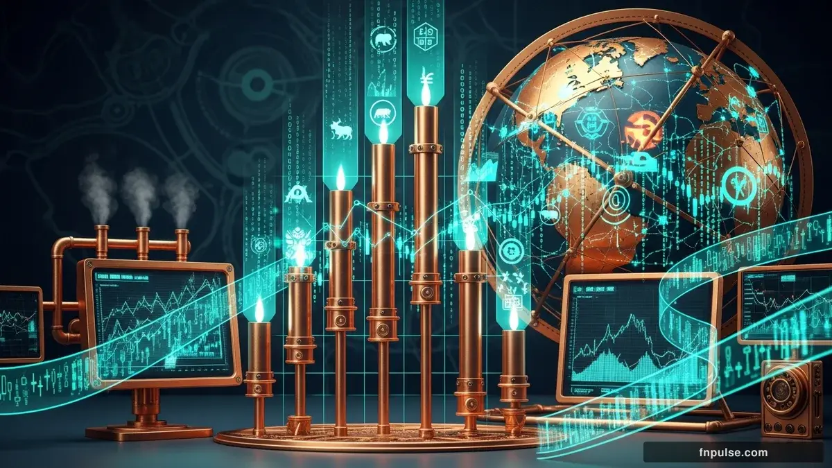 A steampunk globe with brass meridian lines and copper continent plates, surrounded by glowing teal financial data streams, candlestick charts, and holographic trading network connections — editorial illustration for "Candlestick Patterns Guide".