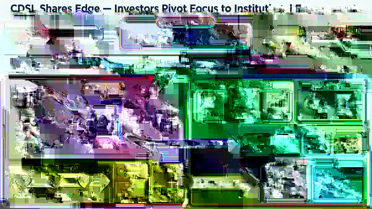 Infographic titled 'CDSL Shares Edge—Investors Pivot Focus to Institutional Engagements.' Central graph shows 5.2% rise in CDSL shares to ₹1,350.75. Key elements include flow of institutional trust, custody vault, demat growth, revenue and valuation snapshots. Highlights regulatory credibility, liquidity, and risk assessments. Emphasizes share price upside with specific targets and resistance levels noted.