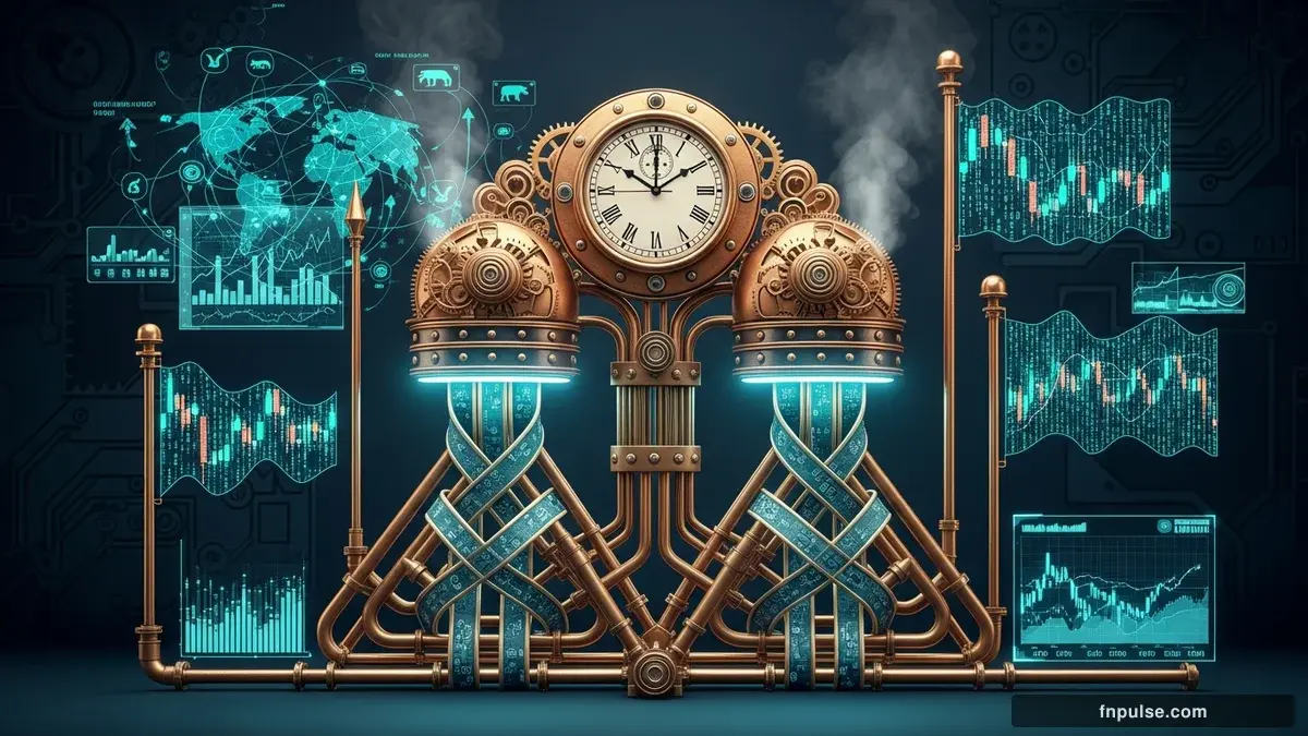 A steampunk globe with brass meridian lines and copper continent plates, surrounded by glowing teal financial data streams, candlestick charts, and holographic trading network connections — editorial illustration for "Chart Patterns (Head & Shoulders, Triangles, Flags)".