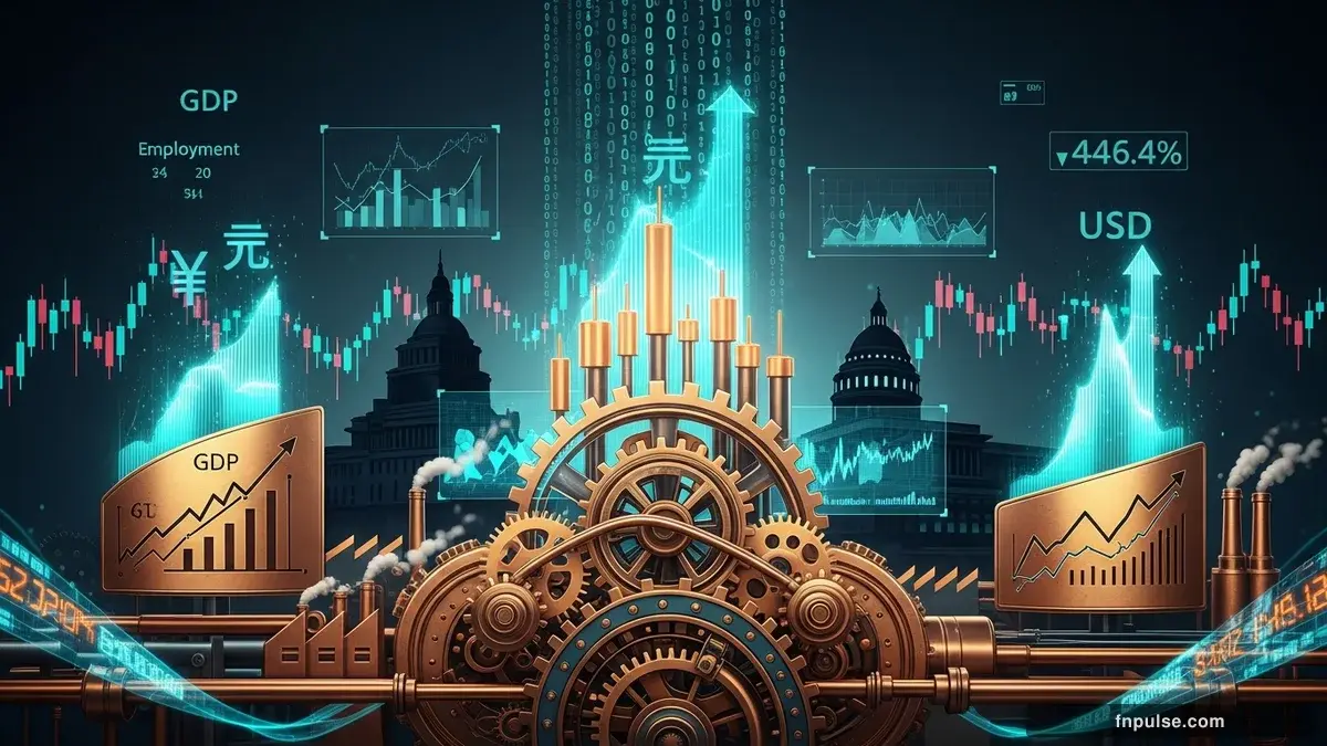 A steampunk industrial cityscape with copper-riveted factory towers, spinning brass gears driving economic indicators, GDP graphs rendered in glowing teal holographic projections against a moody dark navy sky — editorial illustration for "China April Exports Surge 14.1% Ahead of Trump-Xi Summit, Fueling Yuan Strength and USD Pressure".