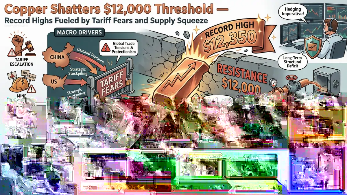 Infographic titled "Copper Shatters $12,000 Threshold," highlighting tariff fears and supply squeeze. Shows macro drivers like global tensions and logistic bottlenecks. Illustrates copper bar breaking resistance at $12,000, with price at $12,350. Includes data on price surge, low inventory, and market trends. Conveys urgency and financial volatility.