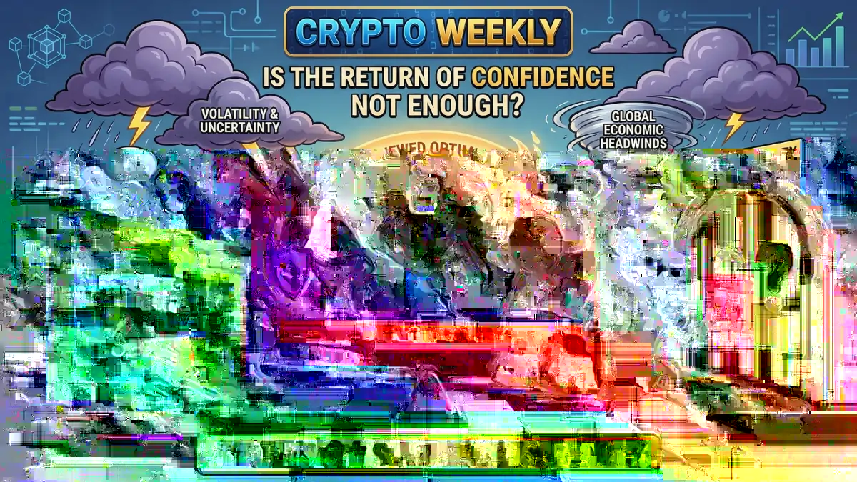 Cartoon-style image depicting the crypto market's recovery with optimism and challenges. It shows superheroes, barriers, and storm clouds, conveying tension and uncertainty.