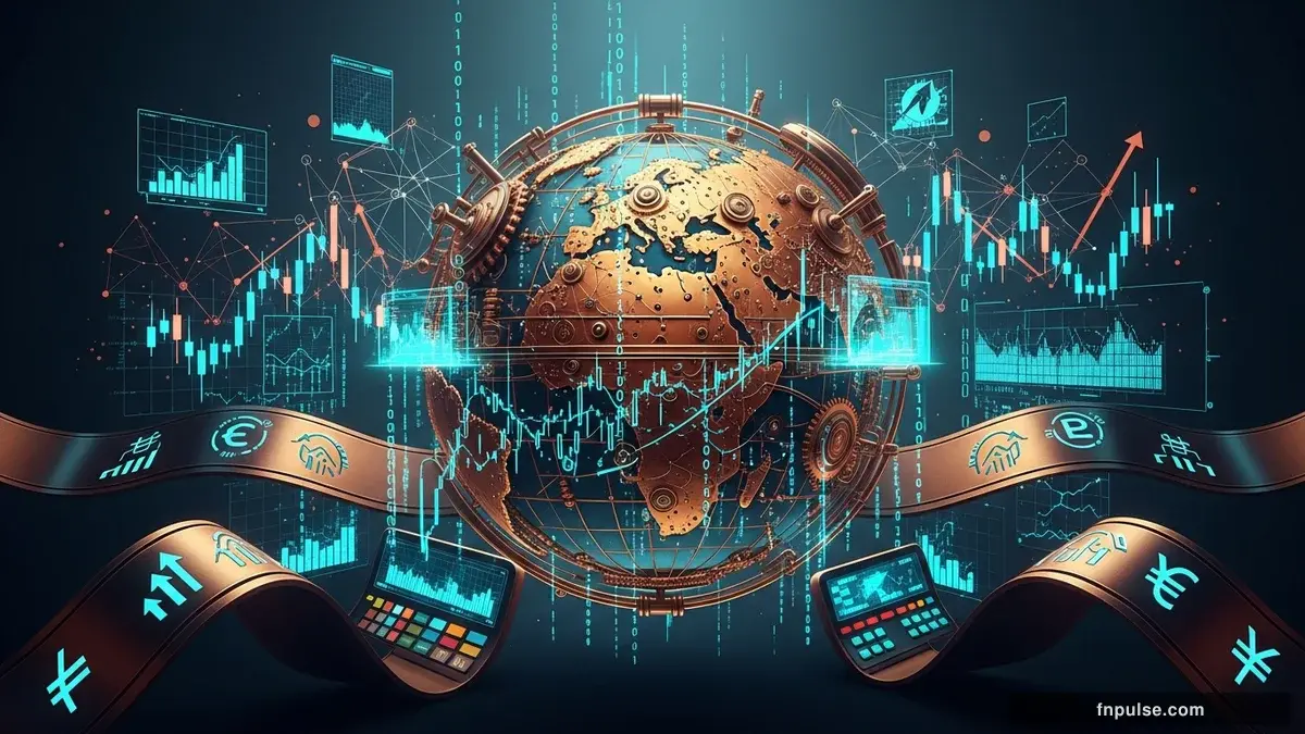 A steampunk globe with brass meridian lines and copper continent plates, surrounded by glowing teal financial data streams, candlestick charts, and holographic trading network connections — editorial illustration for "Best 10 Currency Trading Strategies for 2026 Markets".