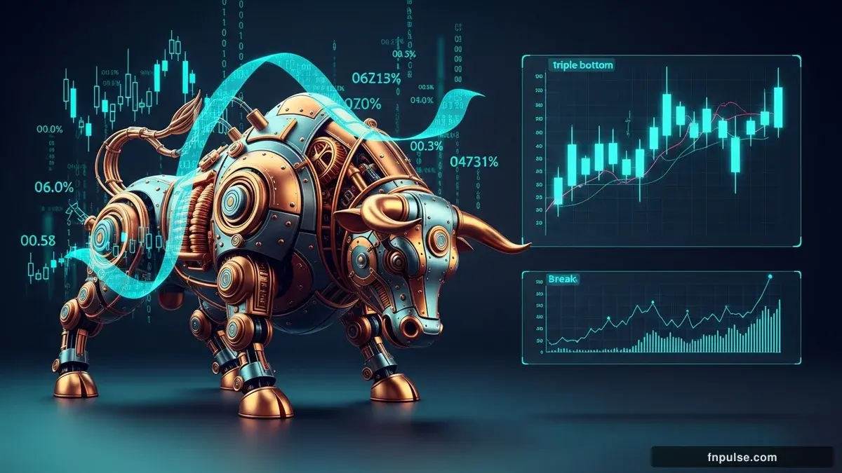 A steampunk mechanical bull with copper gears and brass rivets charges through a digital financial landscape, surrounded by glowing teal candlestick charts, binary code streams, and holographic market data overlays against a dark navy background — editorial illustration for "Dollar Tests Triple-Bottom Support at $97.61, Gold Eyes Breakout as Markets Enter New Week".