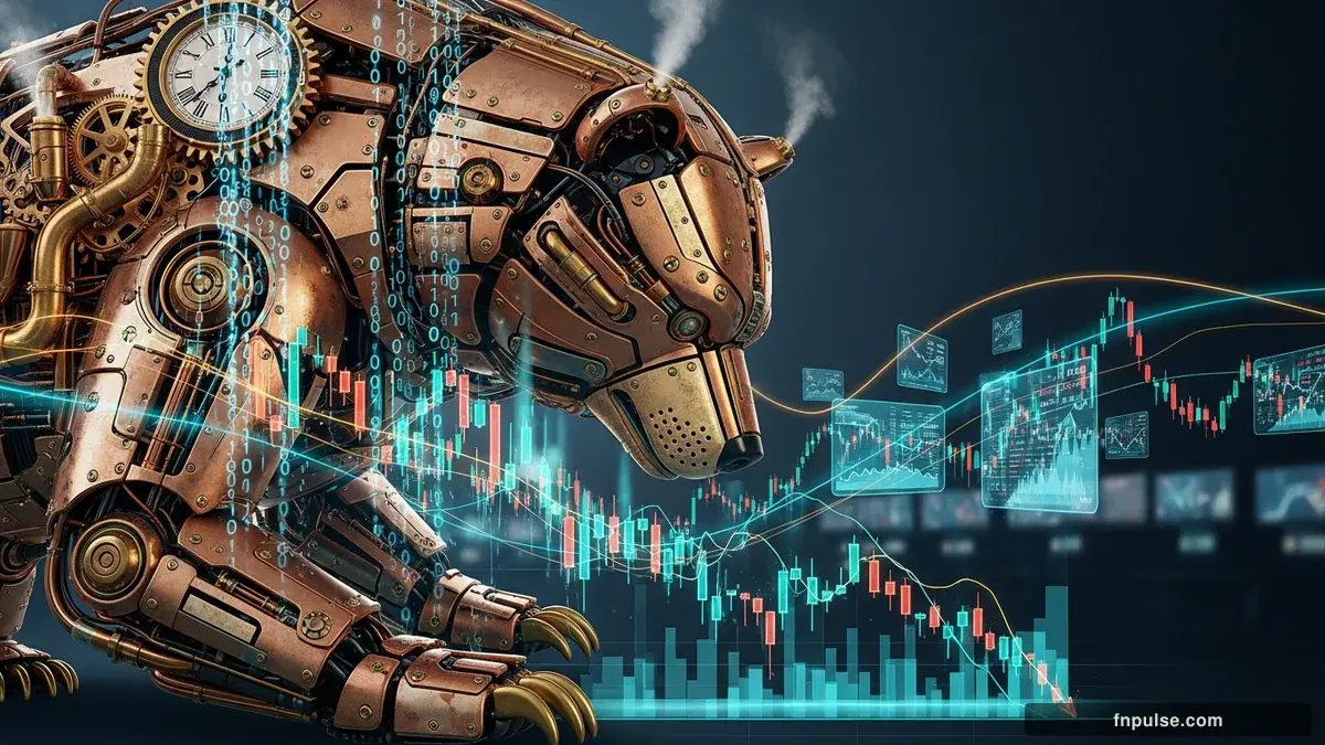 A steampunk mechanical bull with copper gears and brass rivets charges through a digital financial landscape, surrounded by glowing teal candlestick charts, binary code streams, and holographic market data overlays against a dark navy background — editorial illustration for "Dollar Index Hits 10-Week Low at 97.91 Despite 115K NFP Beat".