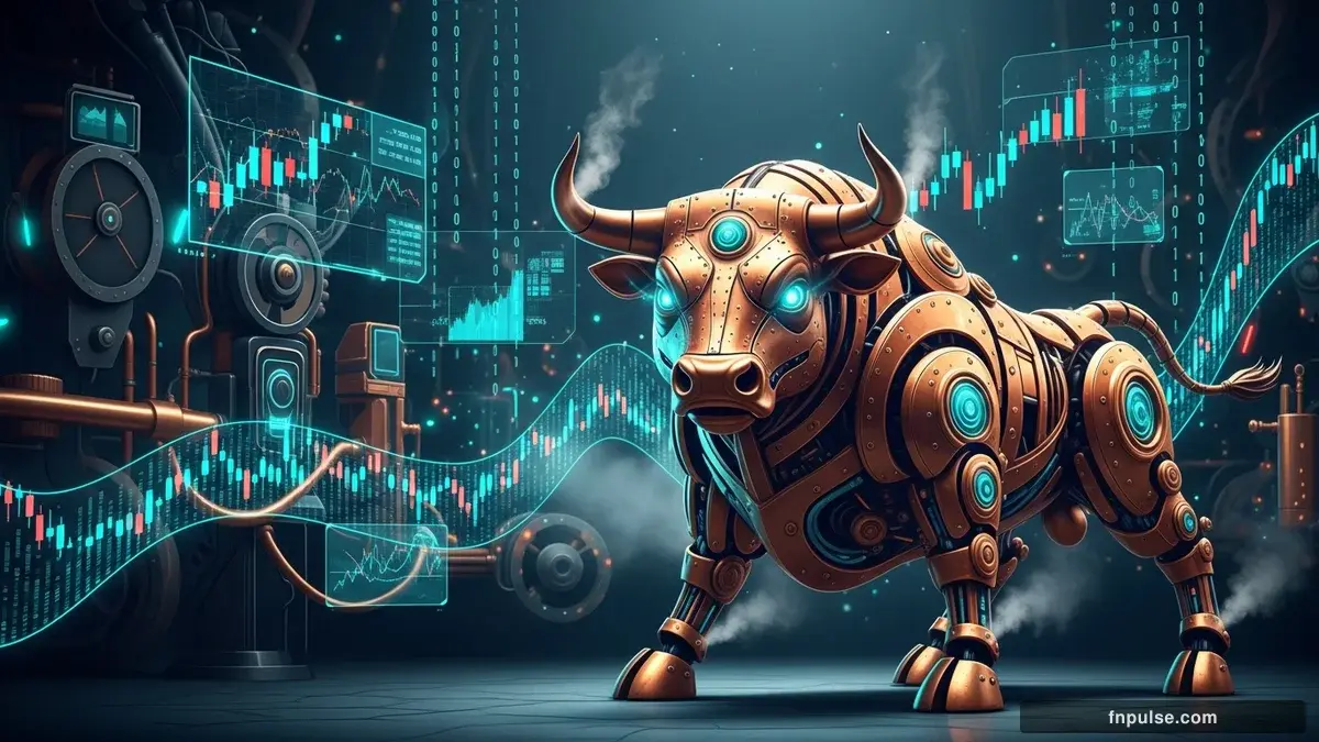 A steampunk mechanical bull with copper gears and brass rivets charges through a digital financial landscape, surrounded by glowing teal candlestick charts, binary code streams, and holographic market data overlays against a dark navy background — editorial illustration for "Dollar Index Hits 98.00 as Brent Crude Surges Past $104.00 Ahead of US CPI".
