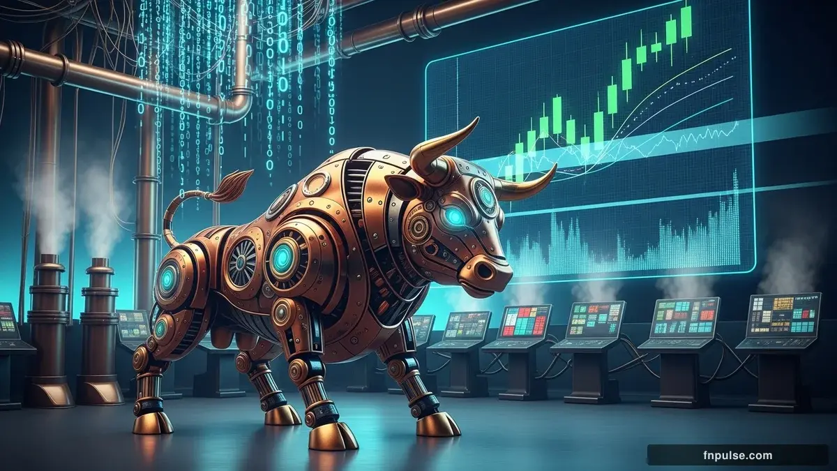 A steampunk mechanical bull with copper gears and brass rivets charges through a digital financial landscape, surrounded by glowing teal candlestick charts, binary code streams, and holographic market data overlays against a dark navy background — editorial illustration for "Dollar Index Hits 98.13 Ahead of 3.7% US CPI Forecast".