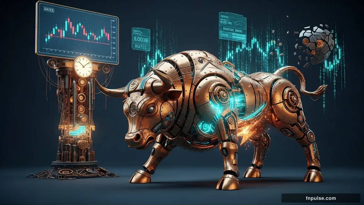 A steampunk mechanical bull with copper gears and brass rivets charges through a digital financial landscape, surrounded by glowing teal candlestick charts, binary code streams, and holographic market data overlays against a dark navy background — editorial illustration for "Dollar Index Hits 98.48 as Fractured Fed Holds Rates at 3.75%".