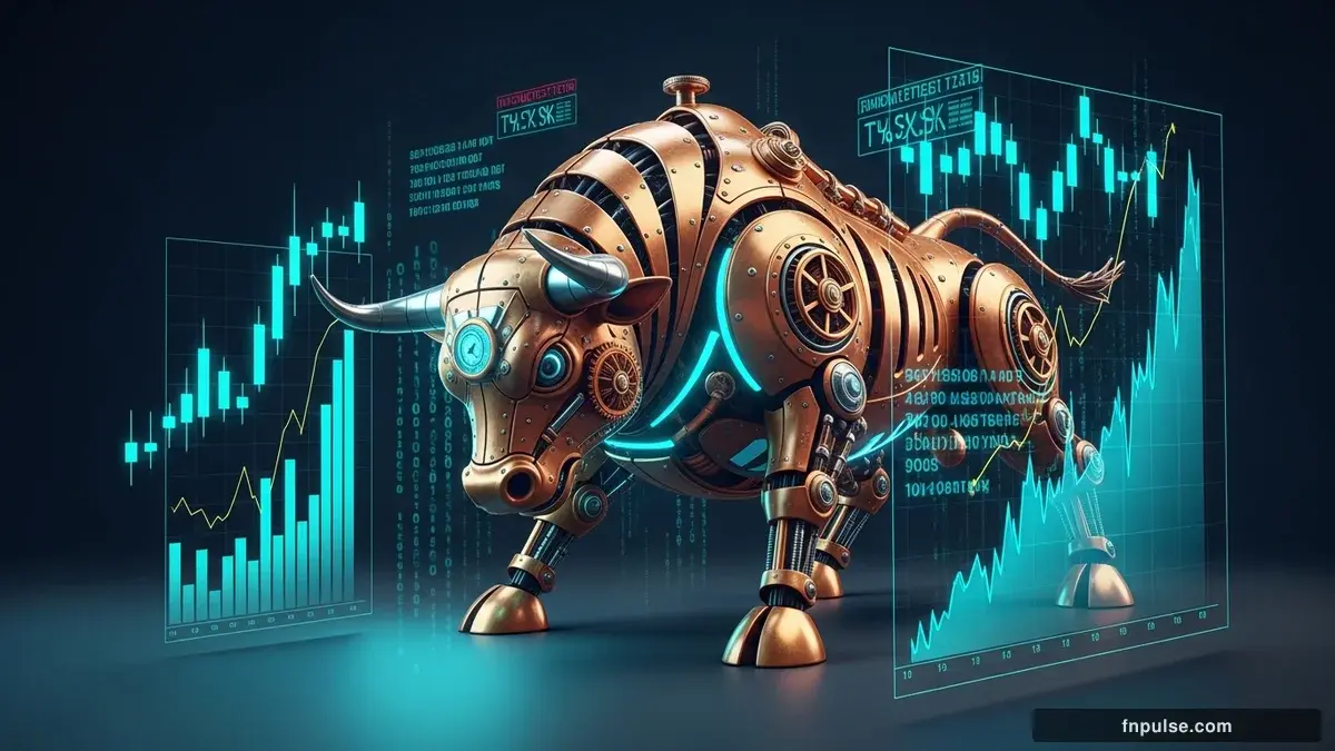 A steampunk mechanical bull with copper gears and brass rivets charges through a digital financial landscape, surrounded by glowing teal candlestick charts, binary code streams, and holographic market data overlays against a dark navy background — editorial illustration for "Dollar Index Hits 98.60 as 3.8% US CPI Crushes Euro and Yen".