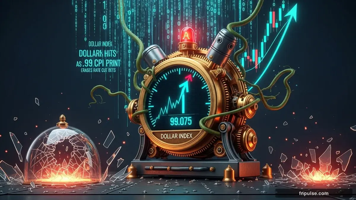 A dramatic steampunk scene with metallic impact effects and shattered glass elements, glowing teal alert indicators and urgent data streams flowing through copper pipes against a stormy dark blue backdrop — editorial illustration for "Dollar Index Hits 99.075 as 3.8% US CPI Print Erases Rate Cut Bets".