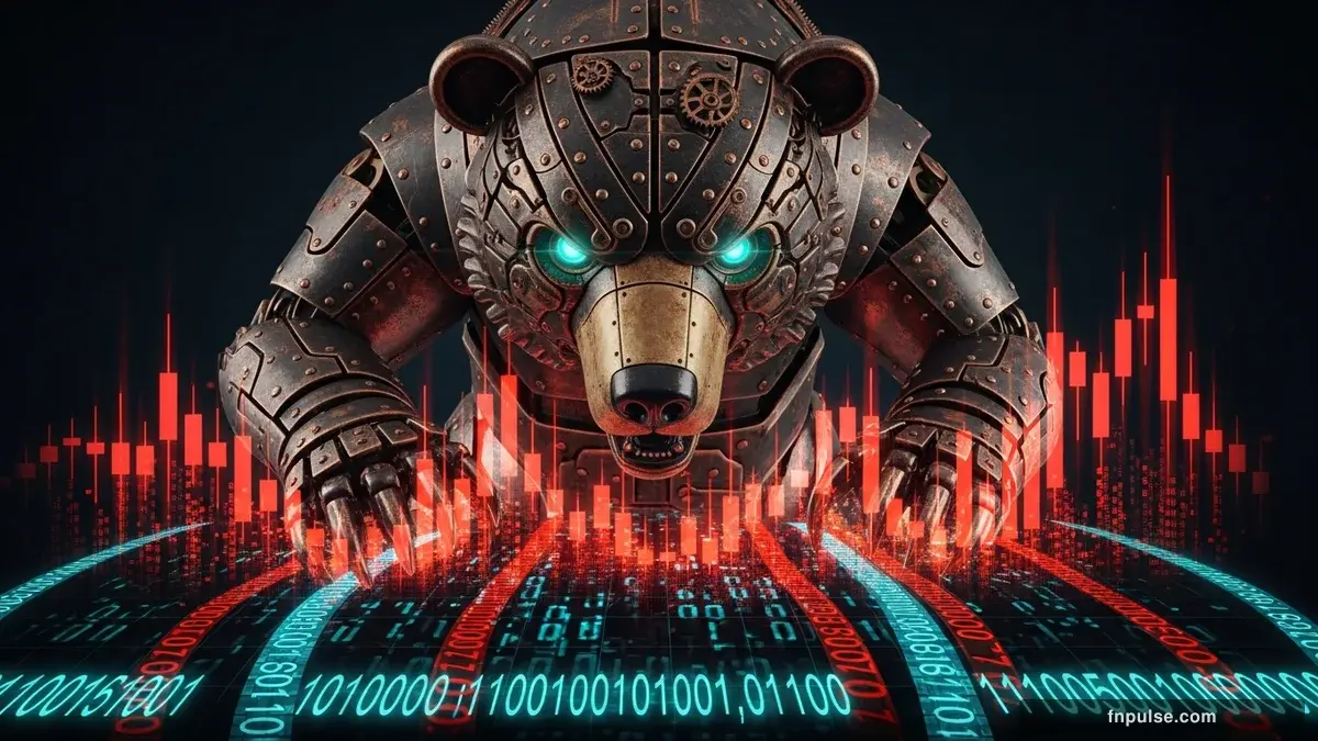 A steampunk mechanical bull with copper gears and brass rivets charges through a digital financial landscape, surrounded by glowing teal candlestick charts, binary code streams, and holographic market data overlays against a dark navy background — editorial illustration for "Dollar Index Hits 99.10 as 10-Year Yields Breach 4.5%, Crushing EUR/USD to 1.1651".
