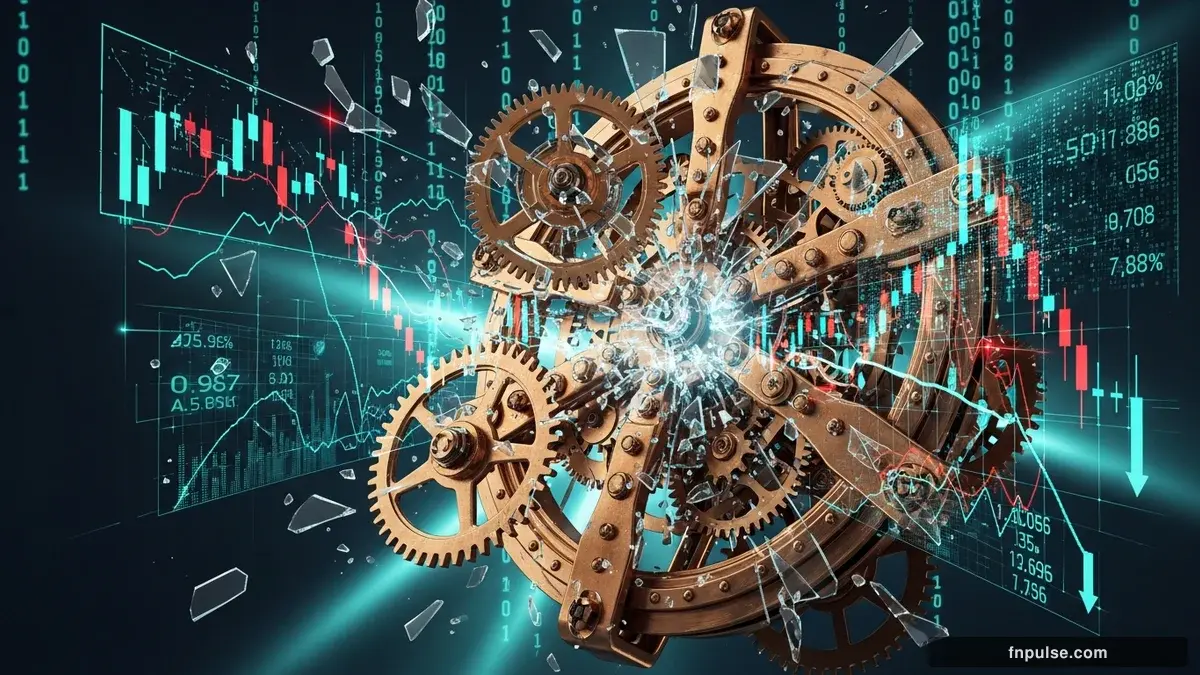 A dramatic steampunk scene with metallic impact effects and shattered glass elements, glowing teal alert indicators and urgent data streams flowing through copper pipes against a stormy dark blue backdrop — editorial illustration for "Dollar Index Plunges to 97.90 as Wage Miss and Ceasefire Talks Trigger Selloff".