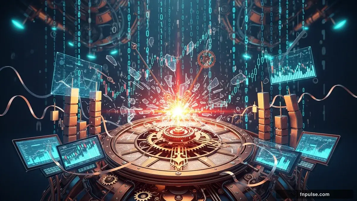 A dramatic steampunk scene with metallic impact effects and shattered glass elements, glowing teal alert indicators and urgent data streams flowing through copper pipes against a stormy dark blue backdrop — editorial illustration for "Dollar Index Surges to 98.30 as Hot US CPI Hits 3.8%".