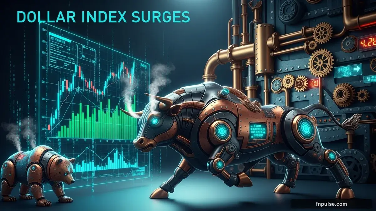 A steampunk mechanical bull with copper gears and brass rivets charges through a digital financial landscape, surrounded by glowing teal candlestick charts, binary code streams, and holographic market data overlays against a dark navy background — editorial illustration for "Dollar Index Surges to 99.20 as 3.8% CPI Print Crushes Gold and Yen".