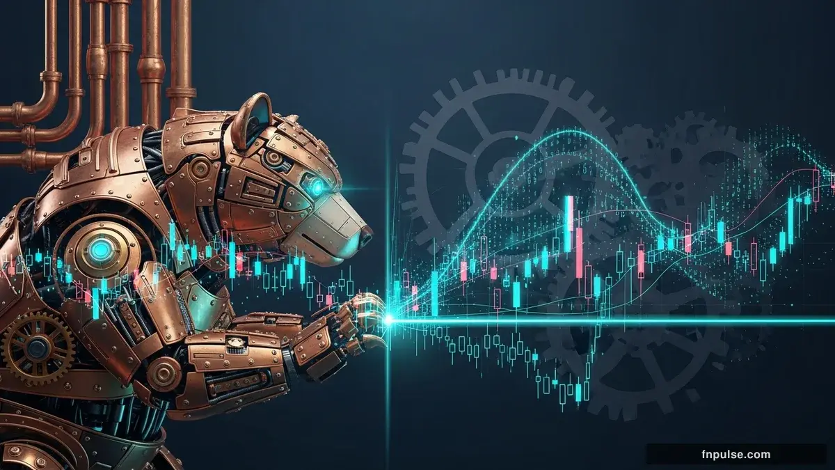 A steampunk mechanical bull with copper gears and brass rivets charges through a digital financial landscape, surrounded by glowing teal candlestick charts, binary code streams, and holographic market data overlays against a dark navy background — editorial illustration for "Dollar Index Tests 97.88 Support After Wage Growth Miss".