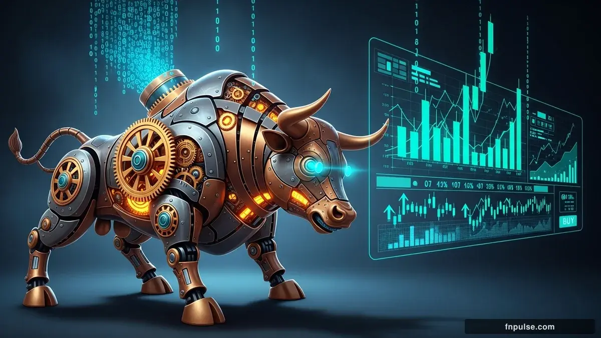 A steampunk mechanical bull with copper gears and brass rivets charges through a digital financial landscape, surrounded by glowing teal candlestick charts, binary code streams, and holographic market data overlays against a dark navy background — editorial illustration for "Dollar Surges on Fed Rate Hike Bets as Iran Tensions Fuel Safe-Haven Demand".