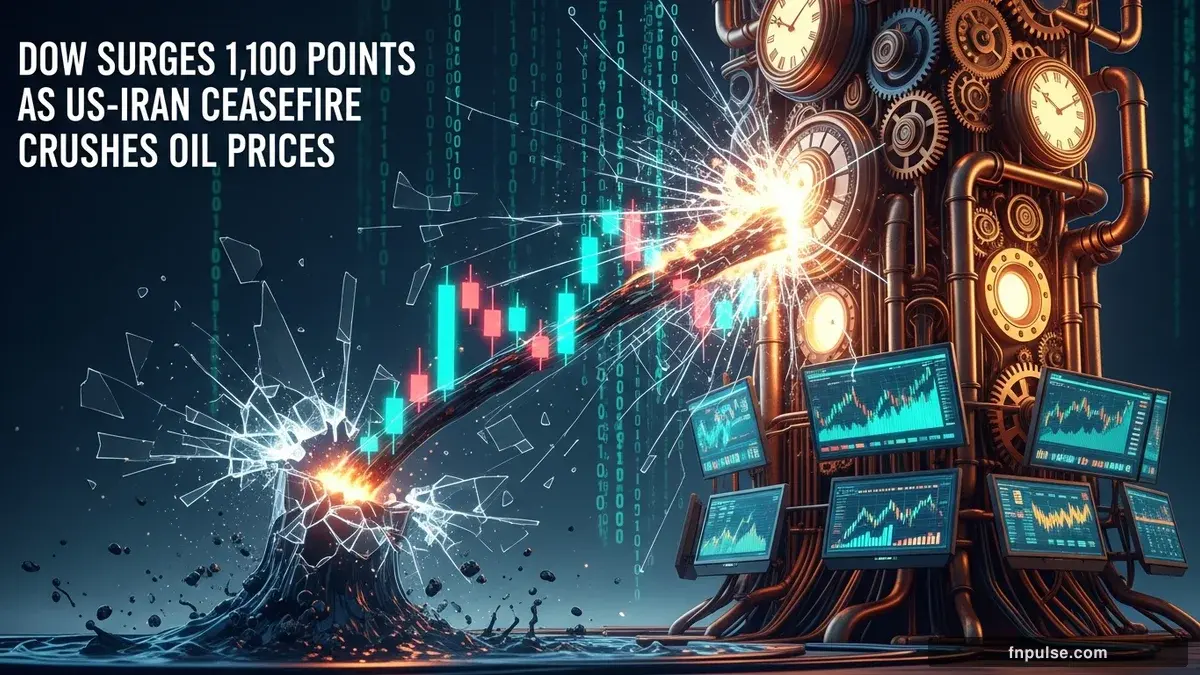 A dramatic steampunk scene with metallic impact effects and shattered glass elements, glowing teal alert indicators and urgent data streams flowing through copper pipes against a stormy dark blue backdrop — editorial illustration for "Dow Surges 1,100 Points as US-Iran Ceasefire Crushes Oil Prices".