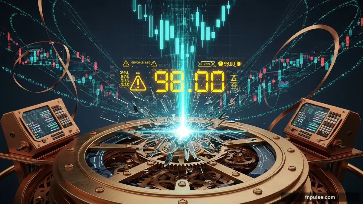 A dramatic steampunk scene with metallic impact effects and shattered glass elements, glowing teal alert indicators and urgent data streams flowing through copper pipes against a stormy dark blue backdrop — editorial illustration for "DXY Breaks Below 98.00 as NFP Wage Growth Cools to 0.2%".