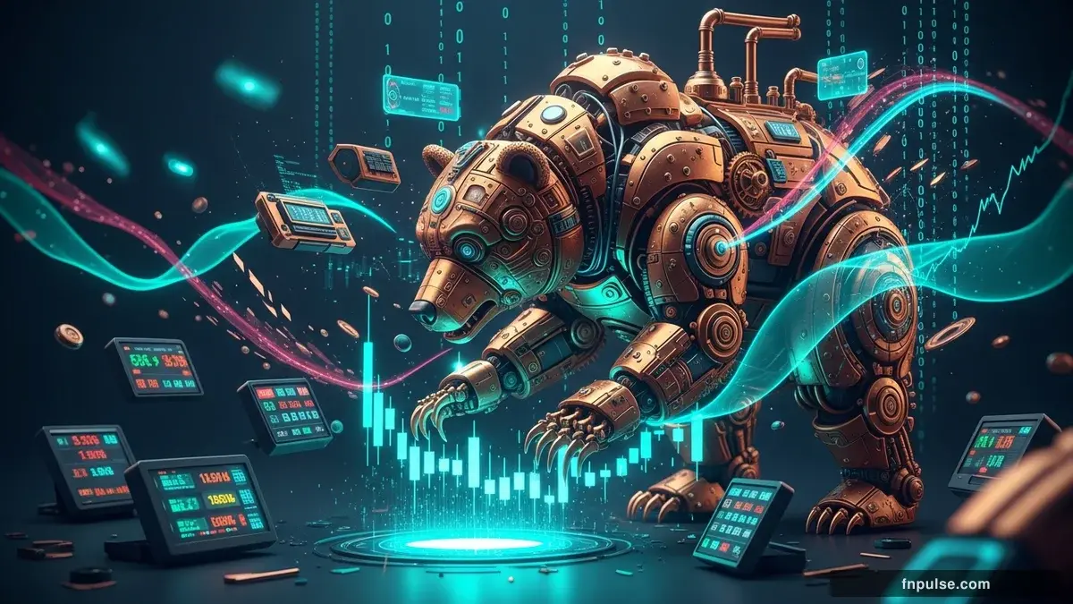 A steampunk mechanical bull with copper gears and brass rivets charges through a digital financial landscape, surrounded by glowing teal candlestick charts, binary code streams, and holographic market data overlays against a dark navy background — editorial illustration for "$DXY Sinks 0.3% as Soft Wage Data Overrides 115K NFP Beat".